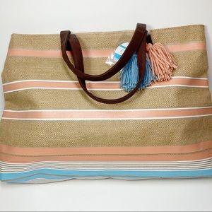 Cabana Tote Canvas Stripe Large Beach Bag Tassels NEW